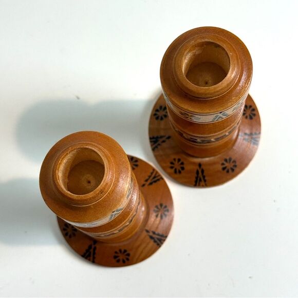 Vintage Ukranian Wood Folk Art Hand-Turned Candle Stick Holders 2 - Picture 3 of 6
